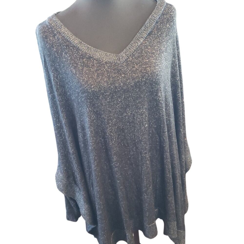Metallic Charcoal Grey V-Neck Poncho Sweater Oversized Made in USA 2XL